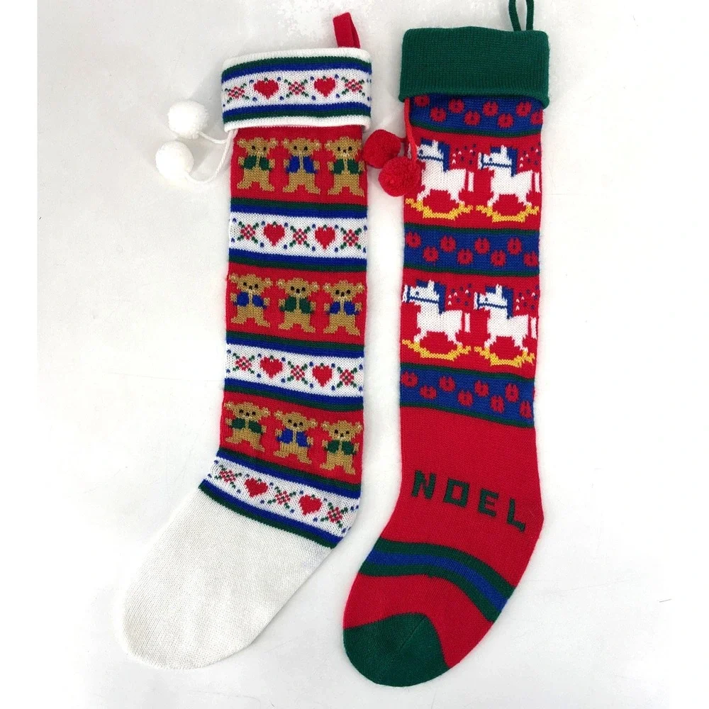 VTG Christmas Stocking LOT Kurt Adler Knit Hearts & Bears &‎ NOEL Rocking Horse